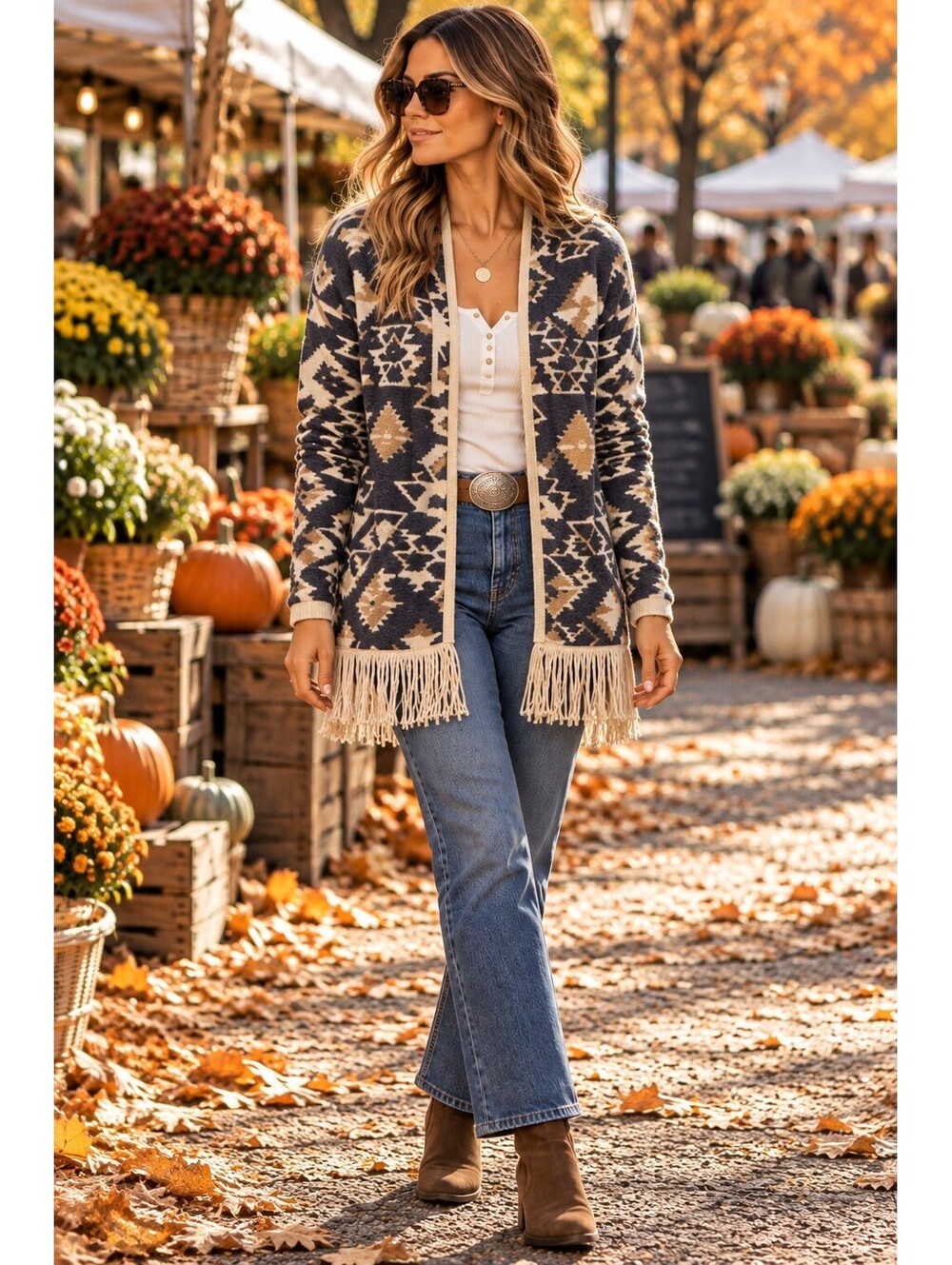 Lucky Brand Southwestern Fringe Cardigan S Navy Cream Boho Western NWT
